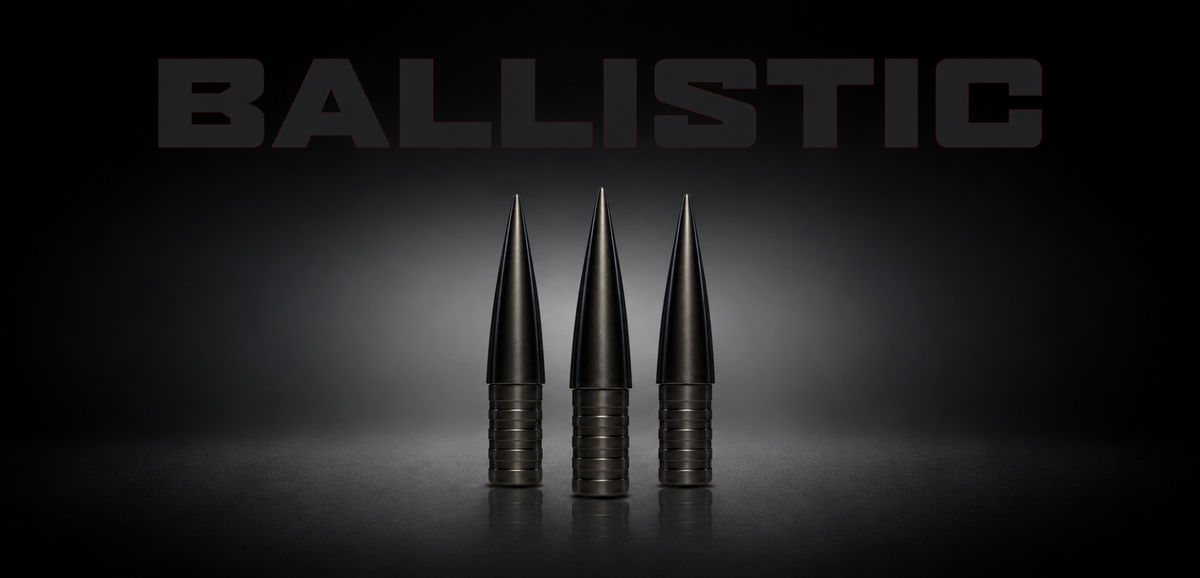 Three black Ballistic points with soft studio backlighting