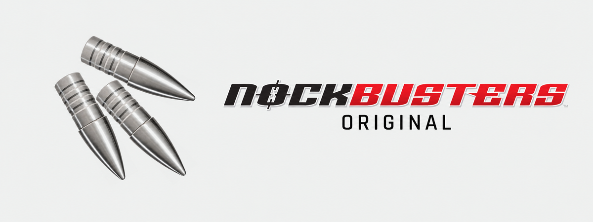 Three silver Original NockBuster points beside the full Original logo